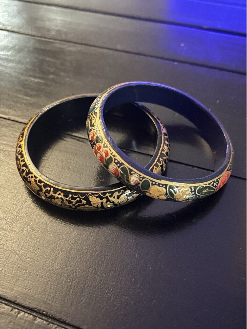 Vintage 70s Boho Kashmiri India Hand Painted Wood Bangle Bracelet Lot